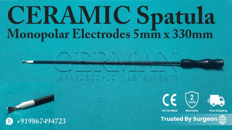German-Quality Laparoscopic Monopolar Electrode Ceramic Spatula 5mm x 330mm – CE Certified, Reusable, Autoclavable Surgical Instrument from Mumbai India