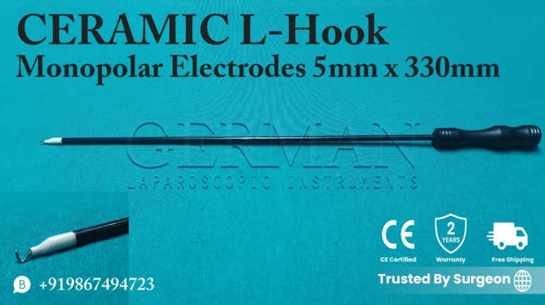 German-Quality Laparoscopic Monopolar Electrode Ceramic L-Hook 5mm x 330mm – CE Certified, Reusable, Autoclavable Surgical Instrument from Mumbai India