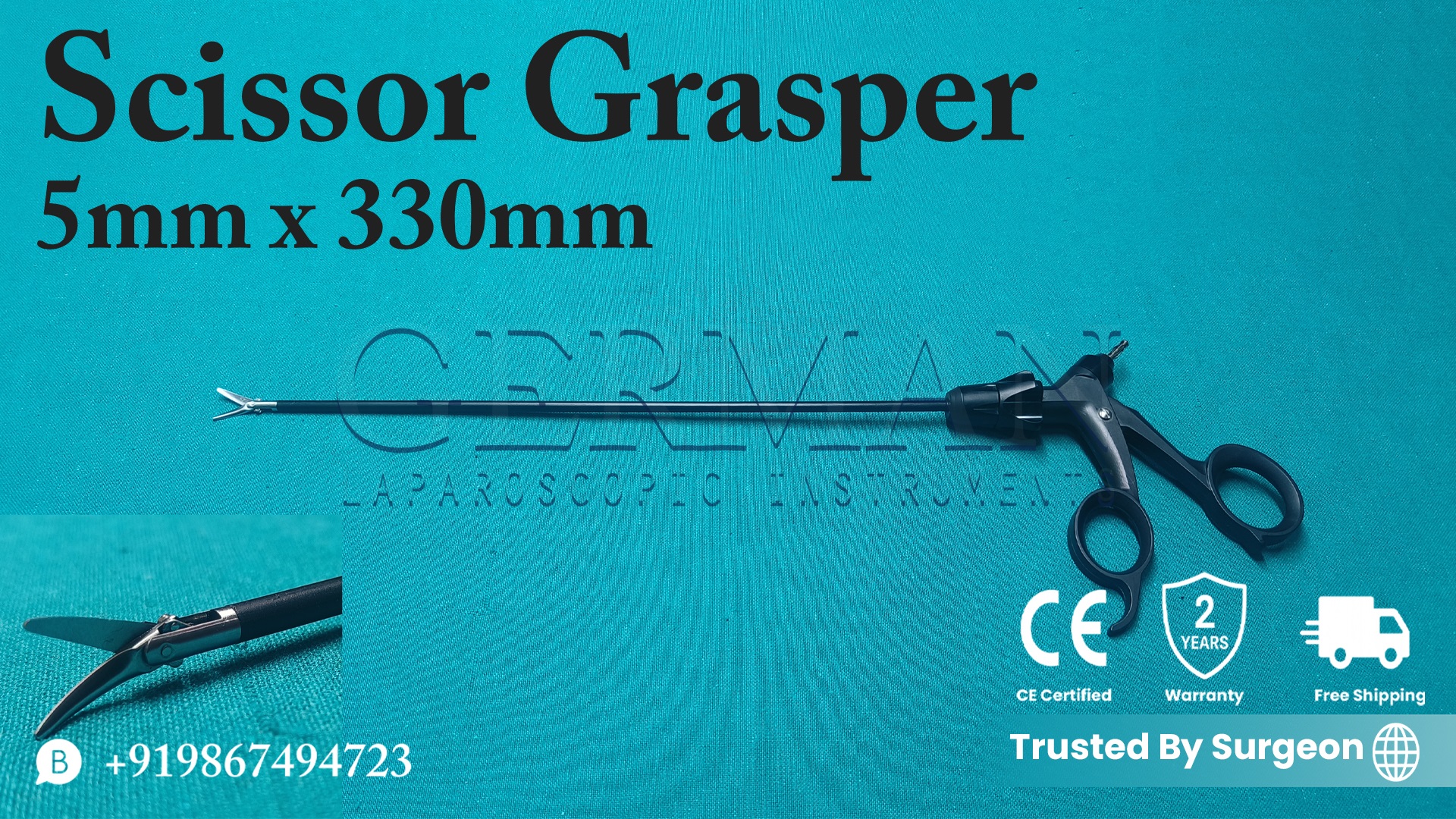 German Quality Laparoscopic Scissor Grasper Forceps 5mm x 330mm – CE Certified, Reusable, Autoclavable, Detachable Surgical Instrument with 2-Year Warranty