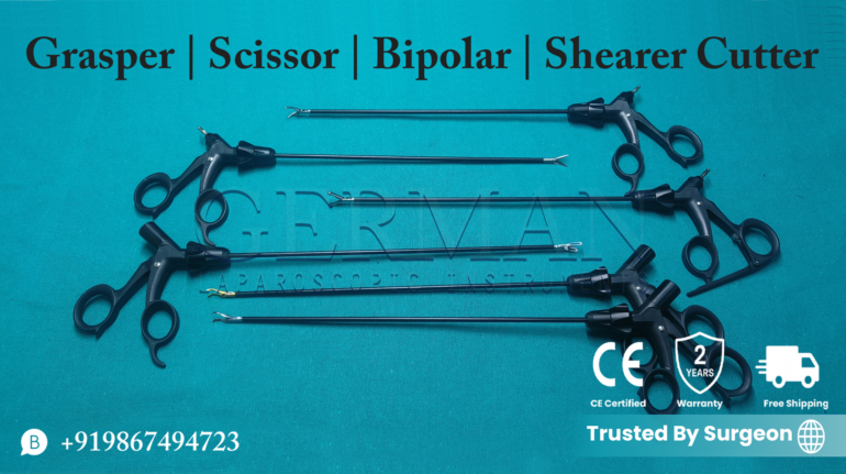 German-Quality Laparoscopic Maryland Grasper, Curved Scissor Grasper, Allis Grasper, Bipolar Fenestrated, Sealer Cutter Gold Jaw & Silver Jaw – 5mm x 330mm CE Certified, Reusable Surgical Instruments from Mumbai India